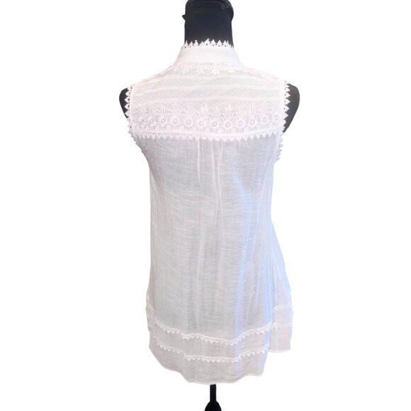 Anthropologie Blue Pepper Sleeveless White Boho Tunic Top Lace Mandarin Collar C - Picture 2 of 11